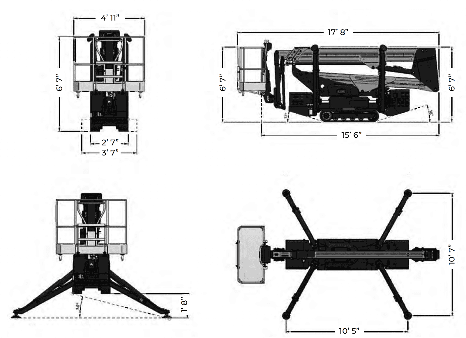 Dimension drawing of the IM R 57 / 18 SA Pro: 17' 8" transport length, 6' 7" stowed height, 2' 7" track width extending to 3' 7", 10' 5" by 10' 7" outrigger footprint