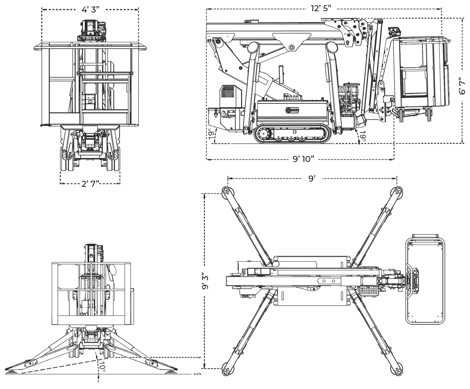 Dimension drawing of the IM R 42 / 13 T: 12' 6" transport length, 6' stowed height, 4' 3" width with basket, 8' 10" by 9' 2" outrigger footprint