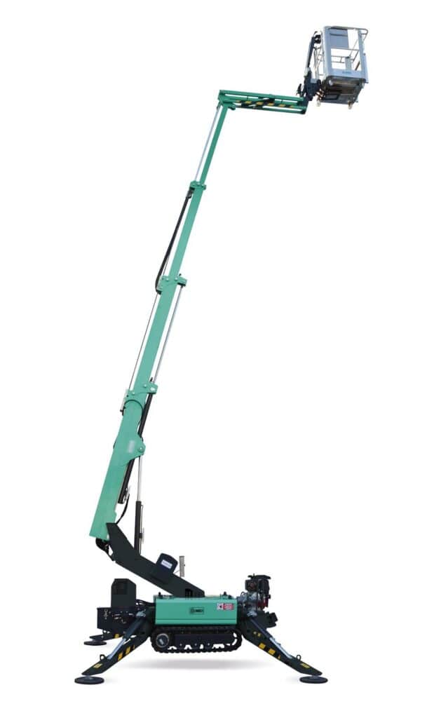 IM R 42 / 13 T telescopic spider lift at full extension on a white background