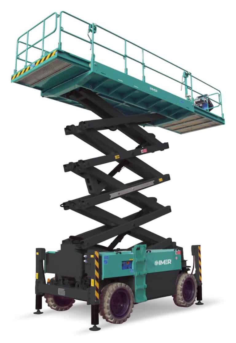 IMER rough terrain scissor lift with outriggers deployed