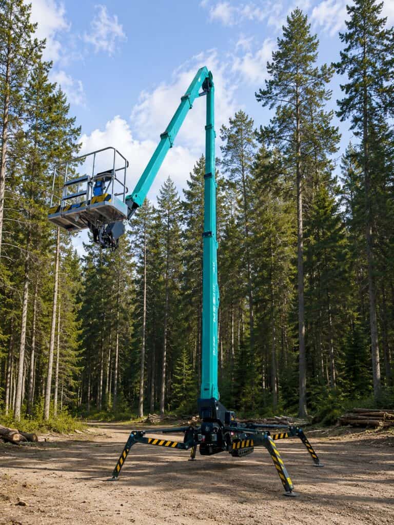 IM R 97 / 30 DT Pro tracked spider lift at full height among tall pines