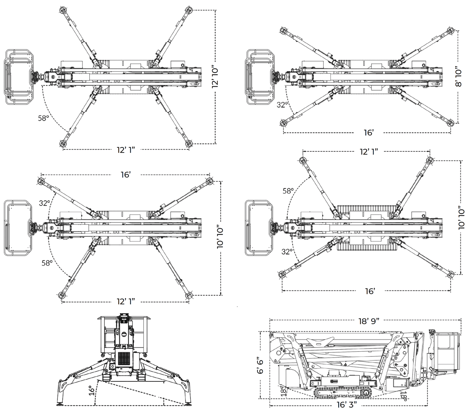 Dimension drawing of the IM R 74 / 23 DA Pro: 18' 9" transport length, 6' 6" stowed height, 3' 3" track width extending to 4' 2", 12' 1" by 12' 10" standard outrigger footprint and 16' by 8' 10" narrow footprint
